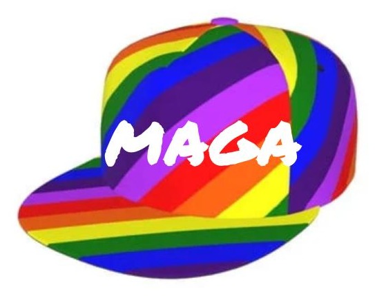 The real MAGA cap — bold rainbow stripes with white MAGA lettering, designed by Jasmin